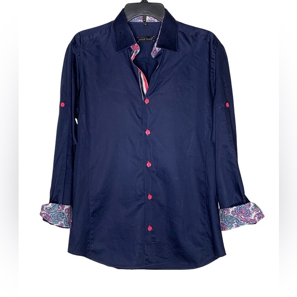 jared lang Navy Blue Men's Shirt with Pink Accents - Picture 1 of 4